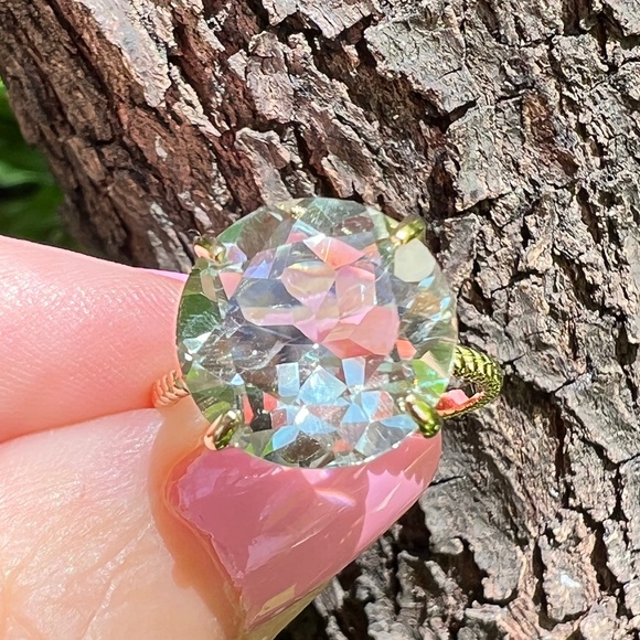 14K GOLD LARGE ROUND PRASIOLITE GREEN AMETHYST RING TWISTED BAND ENGAGEMENT - Picture 3 of 16